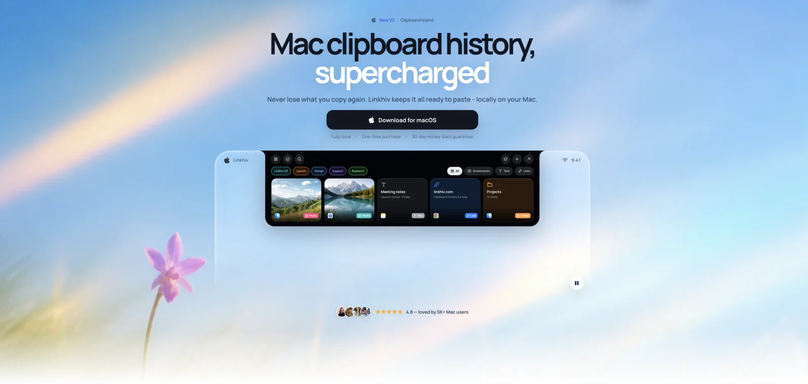 Linkhiv website showing its Mac clipboard history interface against a blue landscape