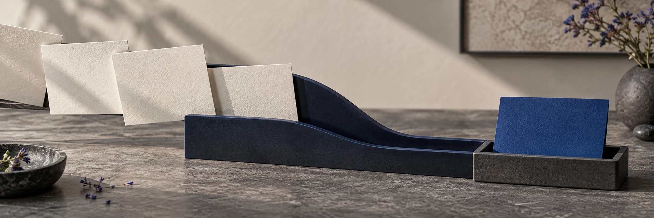 Abstract paper cards moving through a navy channel toward one organised blue outcome